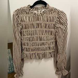 English Factory - Brown Gingham Smocked Blouse.